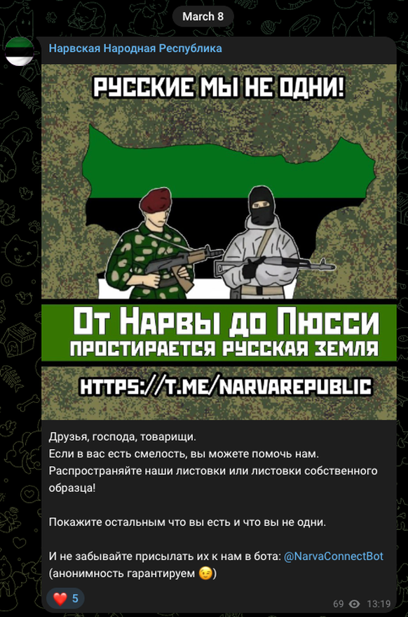 Die Gruppen rufen dazu auf, die «autonome Volksrepublik Narva» zu verteidigen.