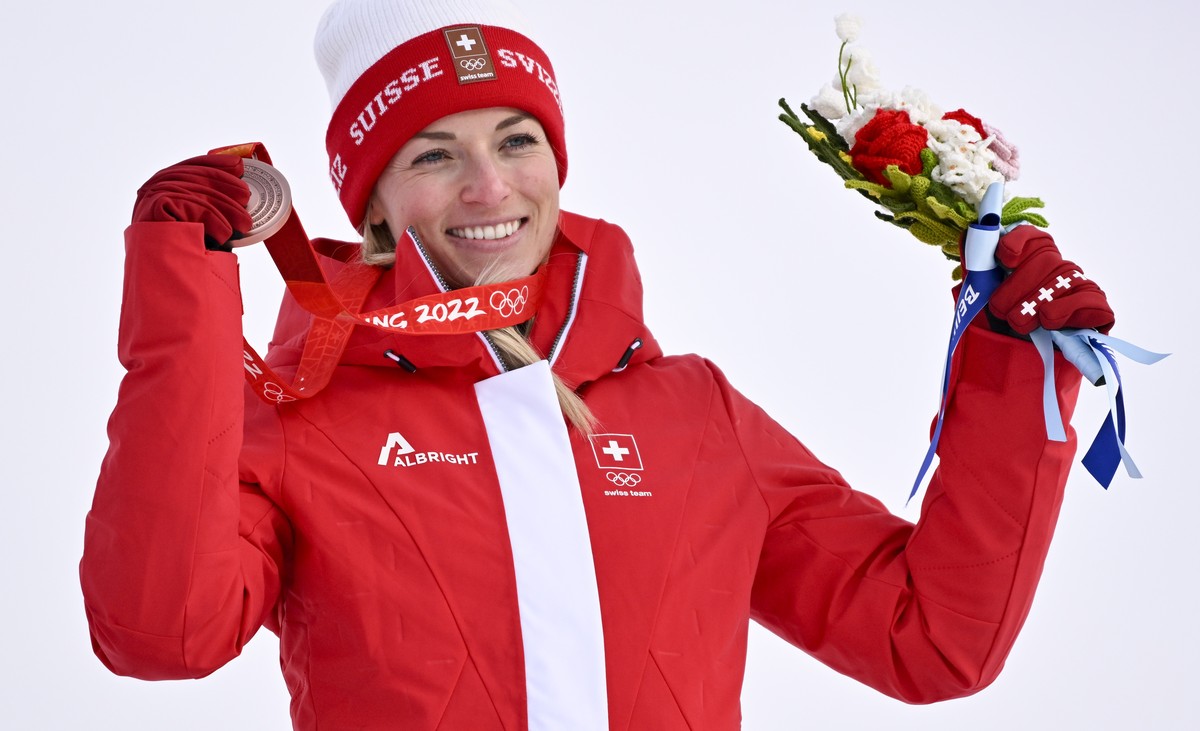 Bronze medalist Lara Gut-Behrami of Switzerland celebrates during the victory ceremony after the second run of the women's Alpine Skiing giant slalom race at the 2022 Olympic Winter Games in Yanq ...