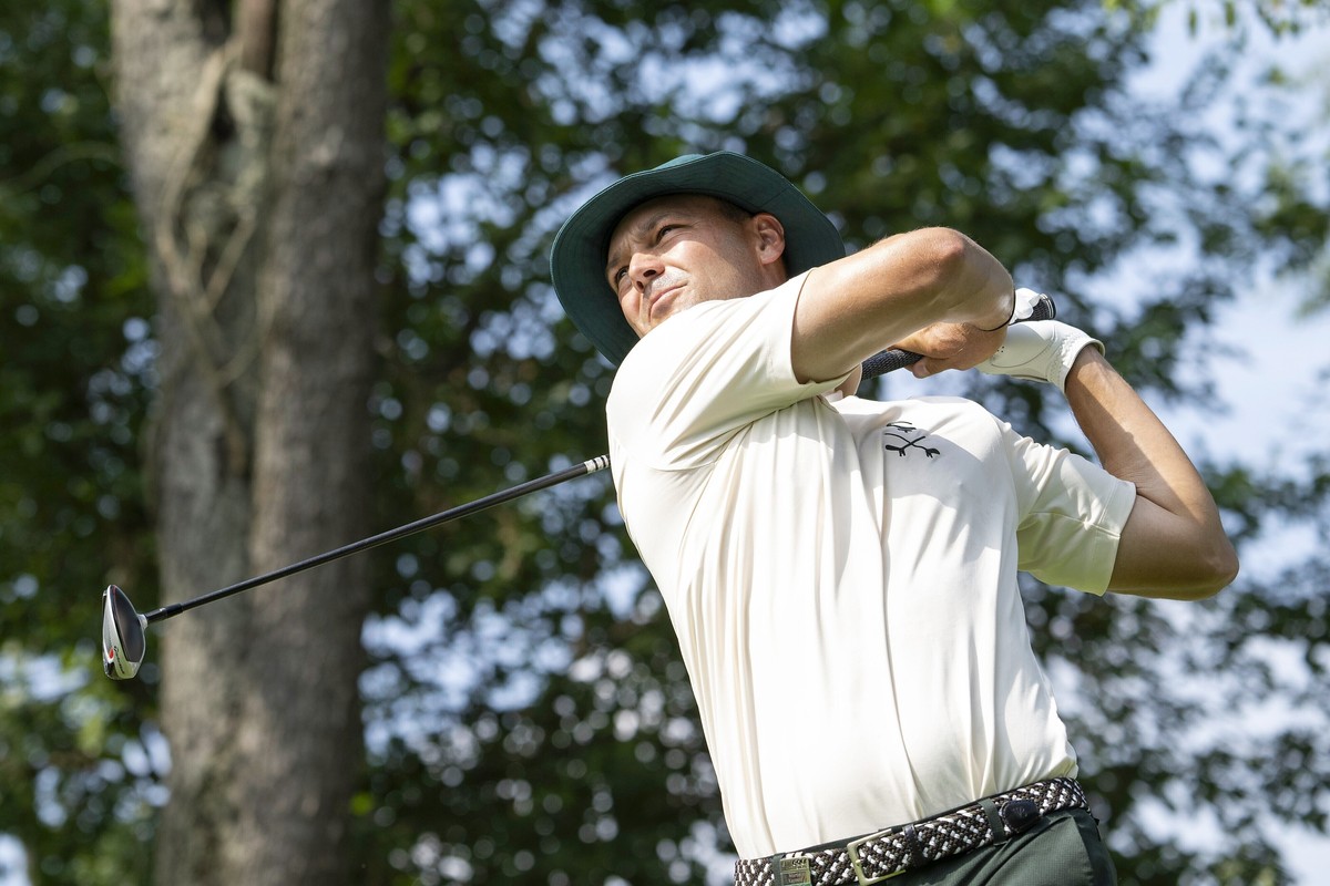 Captain Martin Kaymer of Cleeks GC hits his shot from the 12th tee during the second round of LIV Golf Indianapolis at The Club at Chatham Hills onduring the second round of LIV Golf tournament at The ...
