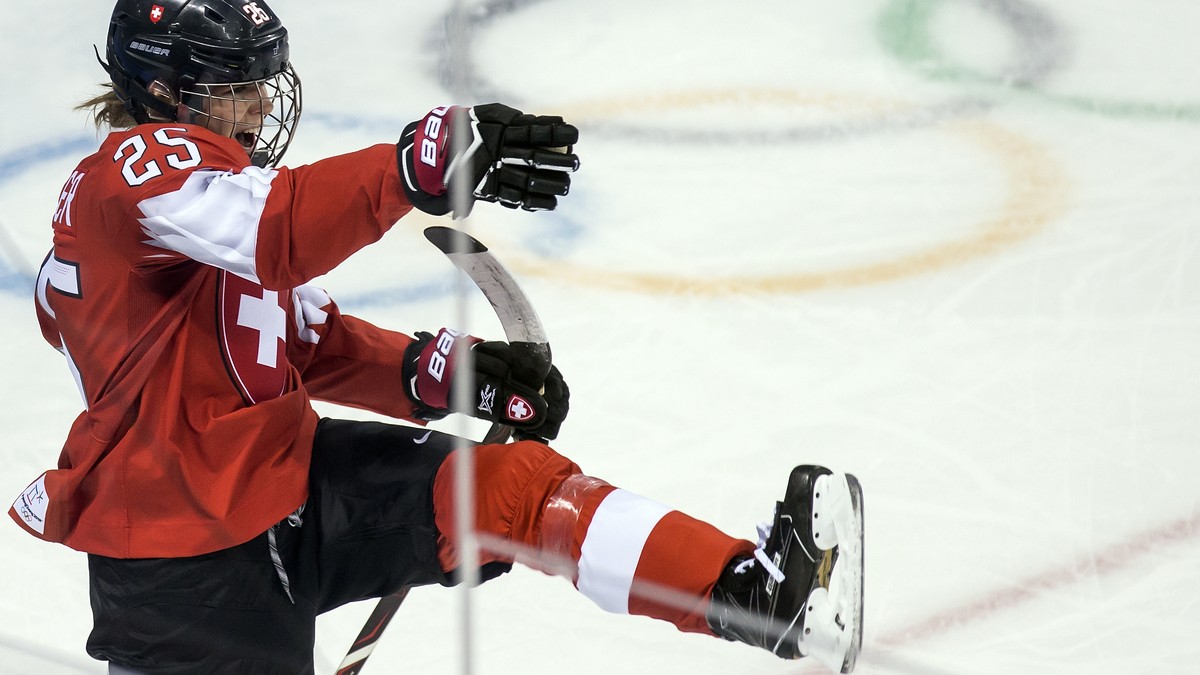 Alina Muller of Switzerland celebrates during the women ice hockey preliminary round match between Switzerland and unified Korean team in the Kwandong Hockey Center in Gangneung during the XXIII Winte ...
