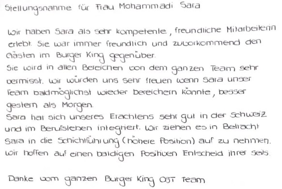 Schreiben von Burger King an die Migrationsbehörden.