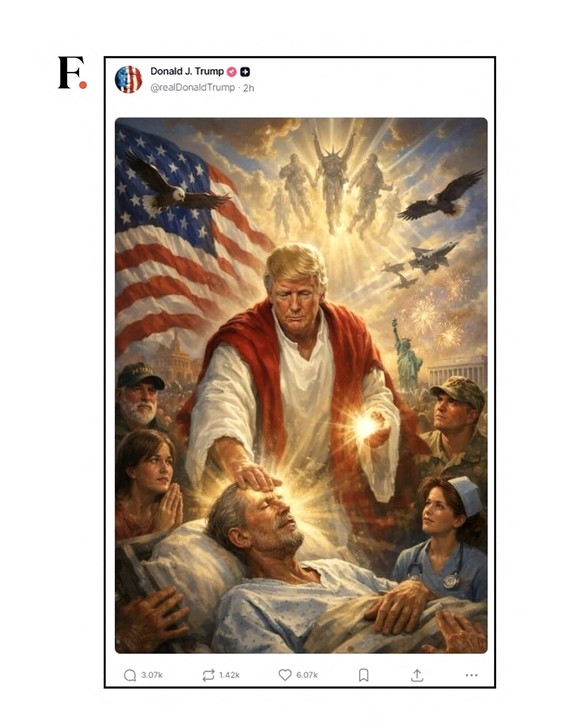 After strongly criticizing the Pope, Donald Trump posted a photo of himself portraying Jesus Christ, before deleting it, on April 13, 2026 Trumps Truth Social platform via Bestimage After strongly cri ...