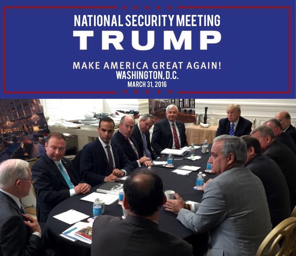 In this photo from President Donald Trump&#039;s Twitter account, George Papadopoulos, third from left, sits at a table with then-candidate Trump and others at what is labeled at a national security m ...