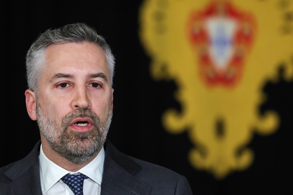 epa11958358 Secretary General of the Socialist Party (PS) Nuno Pedro Santos speaks to journalists after a meeting with President Marcelo Rebelo de Sousa (not pictured) at the Belem Palace in Lisbon, P ...