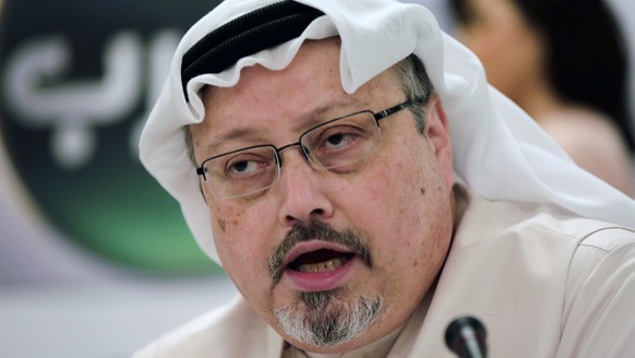 FILE - In this Feb. 1, 2015, file photo, Saudi journalist Jamal Khashoggi speaks during a press conference in Manama, Bahrain. The disappearance of Khashoggi, during a visit to his country’s consulate ...