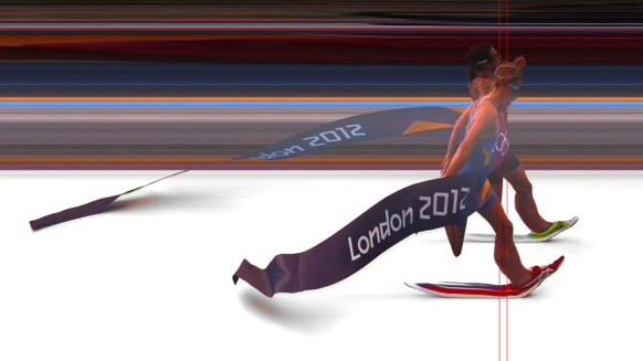 This handout photograph released by Omega, the official timekeeper of the London 2012 Olympic games, shows the finish of the women's triathlon race for The 2012 London Olympic Games in London on ...