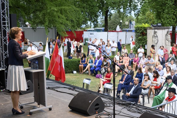 La Presidente de la Confederation Simonetta Sommaruga parle lors de son discours lors de la fete nationale Suisse du 1er aout lors de la pandemie de Coronavirus (Covid-19) ce samedi 1 aout 2020 a Laus ...