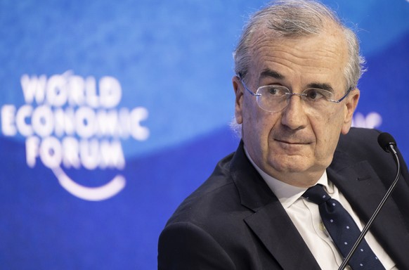 epa09969589 Francois Villeroy de Galhau, Governor of the Central Bank of France, addresses a plenary session during the 51st annual meeting of the World Economic Forum, WEF, in Davos, Switzerland, 23  ...