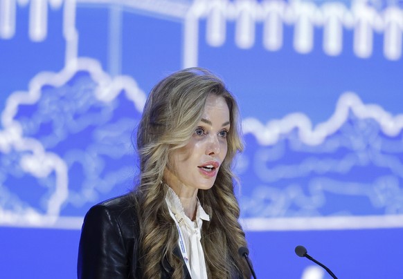 epa11971944 Natalia Popova, First Deputy General Director of the Innopraktika Foundation, speaks during the Congress of the Russian Union of Industrialists and Entrepreneurs in Moscow, Russia, 18 Marc ...