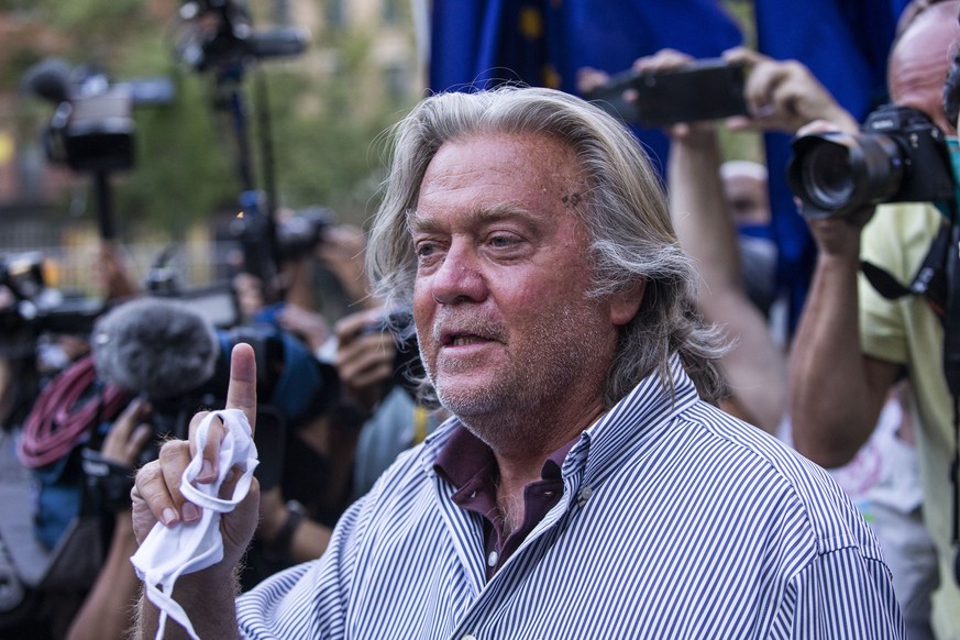 FILE - In this Aug. 20, 2020, file photo, President Donald Trump&#039;s former chief strategist Steve Bannon speaks with reporters in New York. A lawyer for Bannon says Bannon won���t comply with a co ...