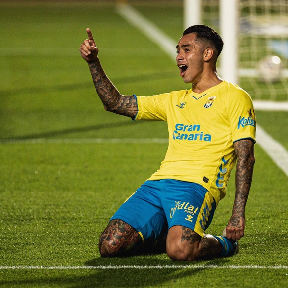 April 1, 2021, Las Palmas de Gran Canarias, Spain: Sergio Araujo of UD Las Palmas celebrate a goal during the Liga SmartBank match between UD Las Palmas and CD Lugo at Estadio Gran Canaria in Las Palm ...