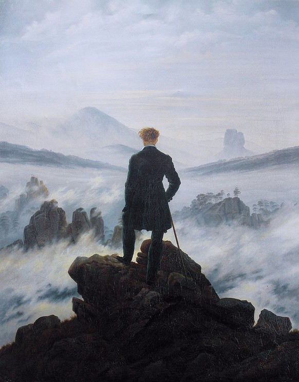 Caspar David Friedrichs «Der Wanderer über dem Nebelmeer», um 1818, die berühmteste Rückenfigur der Kunstgeschichte, wie sie in die unendlich scheinende Ferne blickt.