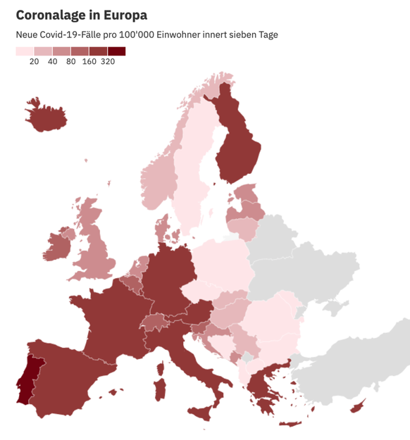 Die Erfassung bestätigter Coronafälle unterscheidet sich von Land zu Land je nach Teststrategie oder Meldepflichten. Keine aktuellen Daten verfügbar für Kosovo, Türkei, Ukraine und Weissrussland.