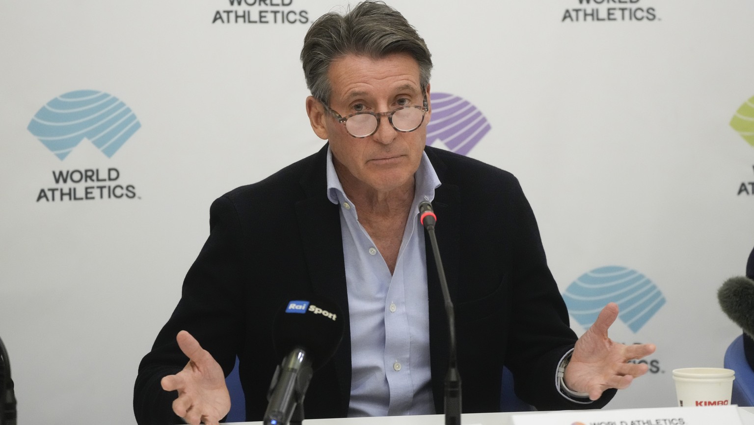 FILE - World Athletics President Sebastian Coe holds a press conference at the conclusion of the World Athletics meeting at the Italian National Olympic Committee, headquarters, in Rome, Nov. 30, 2022 ...