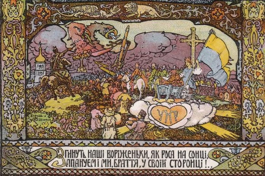 UPR postcard depicting a group with the yellow-blue flag and anthem lyrics, defending themselves from a Russian double-headed eagle. (November–December 1917)
https://en.wikipedia.org/wiki/Ukrainian_Pe ...