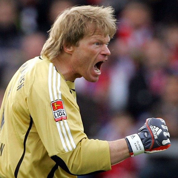 ** FILE ** In this feb 17, 2007 filer Munich&#039;s goalkeeper Oliver Kahn reacts during the German first division soccer match between Alemannia Aachen and Bayern Munich at the Aachen Tivoli stadium, ...