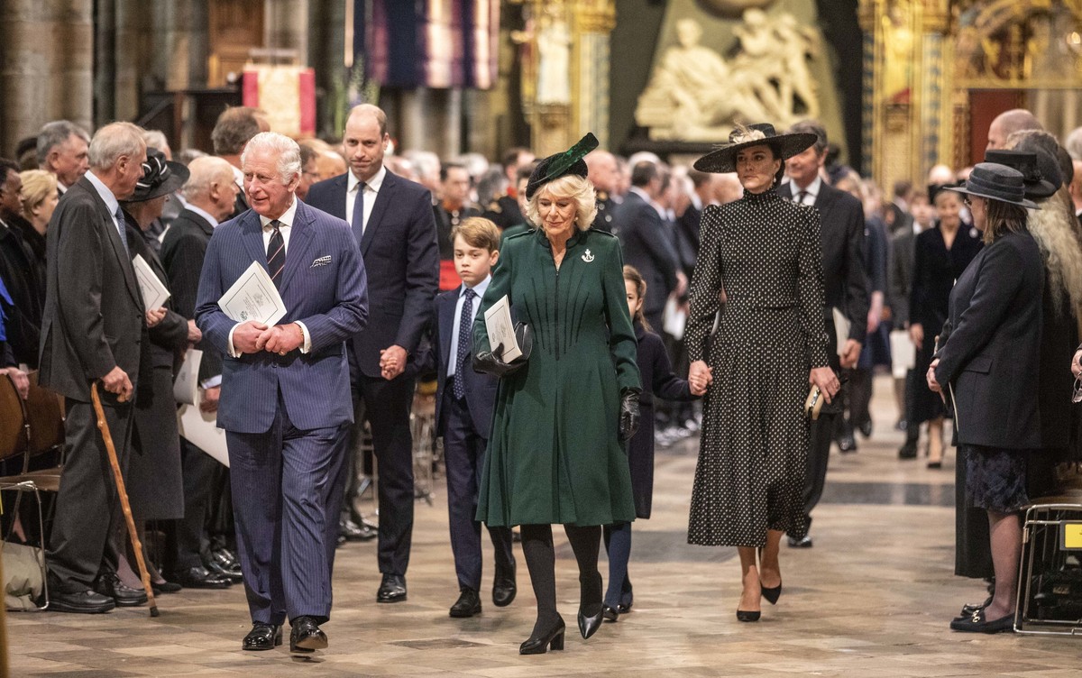 Britain's Prince Charles and Camilla, Duchess of Cornwall lead members of the royal family out after a Service of Thanksgiving for the life of Prince Philip, Duke of Edinburgh, at Westminster Abb ...