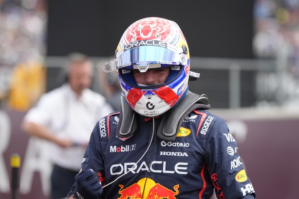 Red Bull driver Max Verstappen of the Netherlands celebrates his pole position after the qualifying session at the Silverstone racetrack, ahead of the British Formula One Grand Prix, in Silverstone, E ...