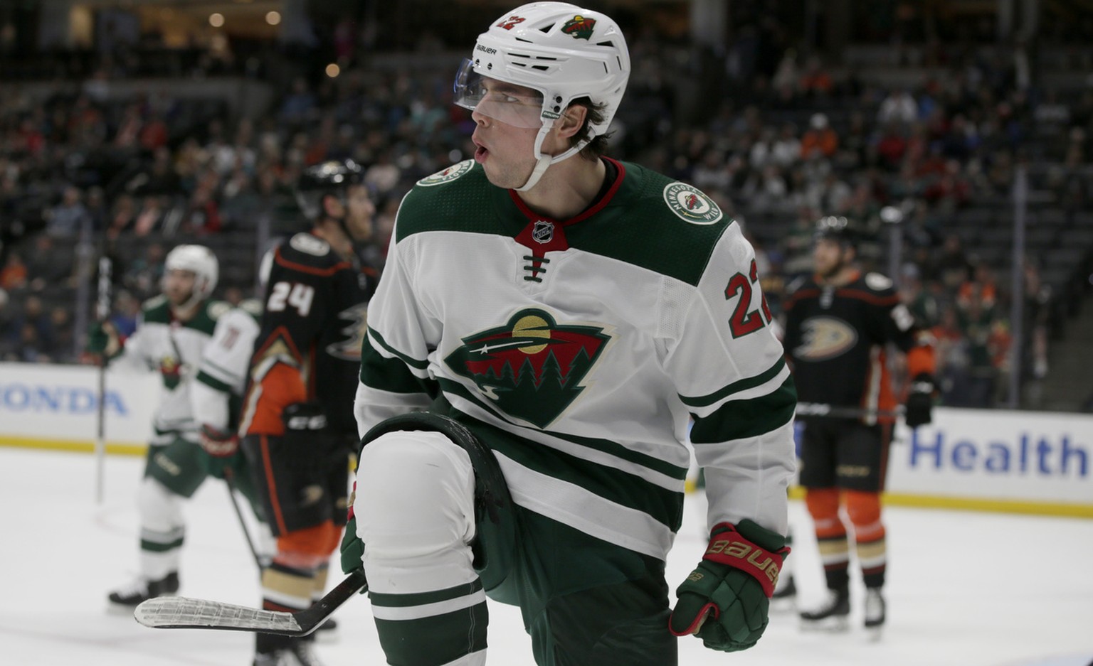 Minnesota Wild left wing Kevin Fiala, of Switzerland, reacts after scoring against the Anaheim Ducks during the first period of an NHL hockey game in Anaheim, Calif., Sunday, March 8, 2020. (AP Photo/ ...