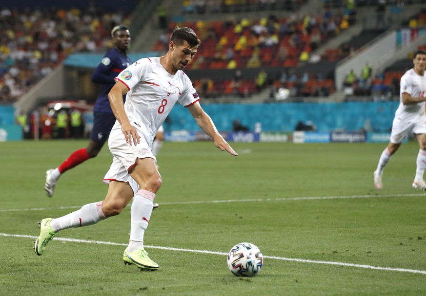 Switzerland&#039;s Remo Freuler in action during the Euro 2020 soccer championship round of 16 match between France and Switzerland at the National Arena stadium in Bucharest, Romania, Monday, June 28 ...