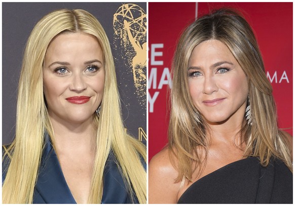 This combination photo shows actresses Reese Witherspoon at the 69th Primetime Emmy Awards in Los Angeles, left, and Jennifer Aniston at a screening of &quot;Office Christmas Party&quot; in New York.  ...