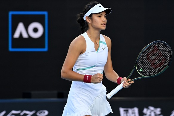 epa09696612 Emma Raducanu of Britain during her second round Women?s singles match against Danka Kovinic of Montenegro on day 4 of the Australian Open Tennis Tournament at Melbourne Park in Melbourne, ...