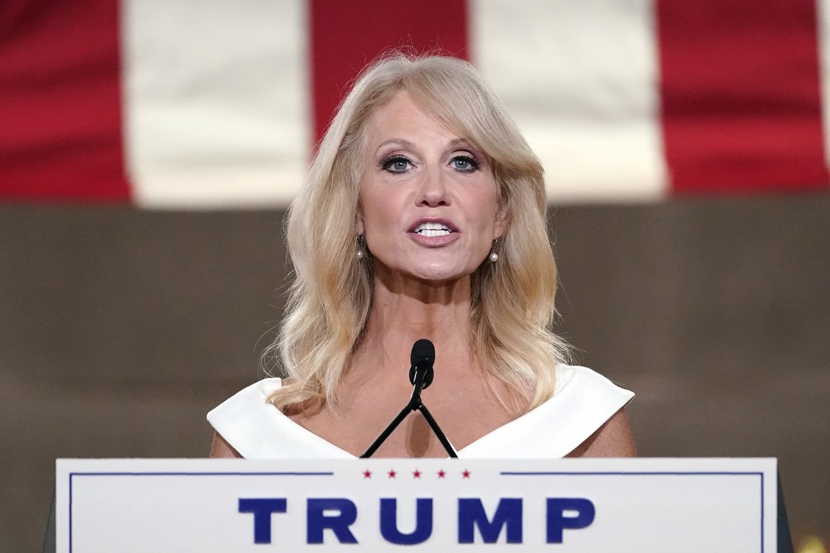 FILE - White House counselor Kellyanne Conway tapes her speech for the third day of the Republican National Convention from the Andrew W. Mellon Auditorium in Washington on Aug. 26, 2020. Kellyanne an ...