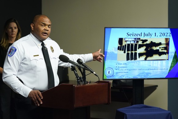 Richmond Police Chief Gerald M Smith gestures during a press conference at Richmond Virginia Police headquarters Wednesday July 6, 2022, in Richmond, Va. Police said Wednesday that they thwarted a pla ...