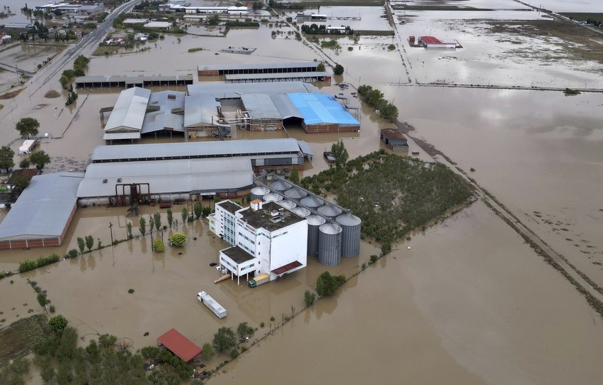 Floodwaters and mud cover the land after the country&#039;s record rainstorm, in Larissa, Thessaly region, central Greece, Thursday, Sept. 7, 2023. The death toll from severe rainstorms that lashed pa ...