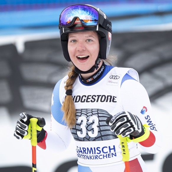 epa07324398 Juliana Suter of Switzerland reacts in the finish area during the Women&#039;s Downhill race at the FIS Alpine Skiing World Cup in Garmisch-Partenkirchen, Germany, 27 January 2019. EPA/LUK ...