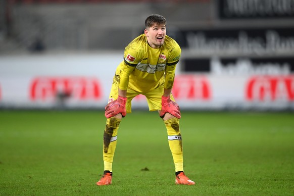 epa08916070 Goalkeeper Gregor Kobel of VfB Stuttgart reacts during the German Bundesliga match between VfB Stuttgart and RB Leipzig at Mercedes-Benz Arena in Stuttgart, Germany, 02 January 2021. EPA/M ...