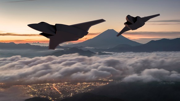 epa10356271 An undated handout photo made available by Japan&#039;s Defense Ministry shows an artist&#039;s impression of two next-generation fighter jets flying in the airspace near Mount Fuji in Jap ...