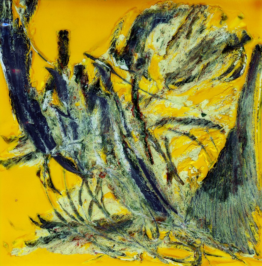 Keine Ahnung, was ursprünglich auf diesem Polaroid von 1986 war, nach Gigers Attacke ist es eine abstrakte Symphonie in Schwarz auf Gelb. 