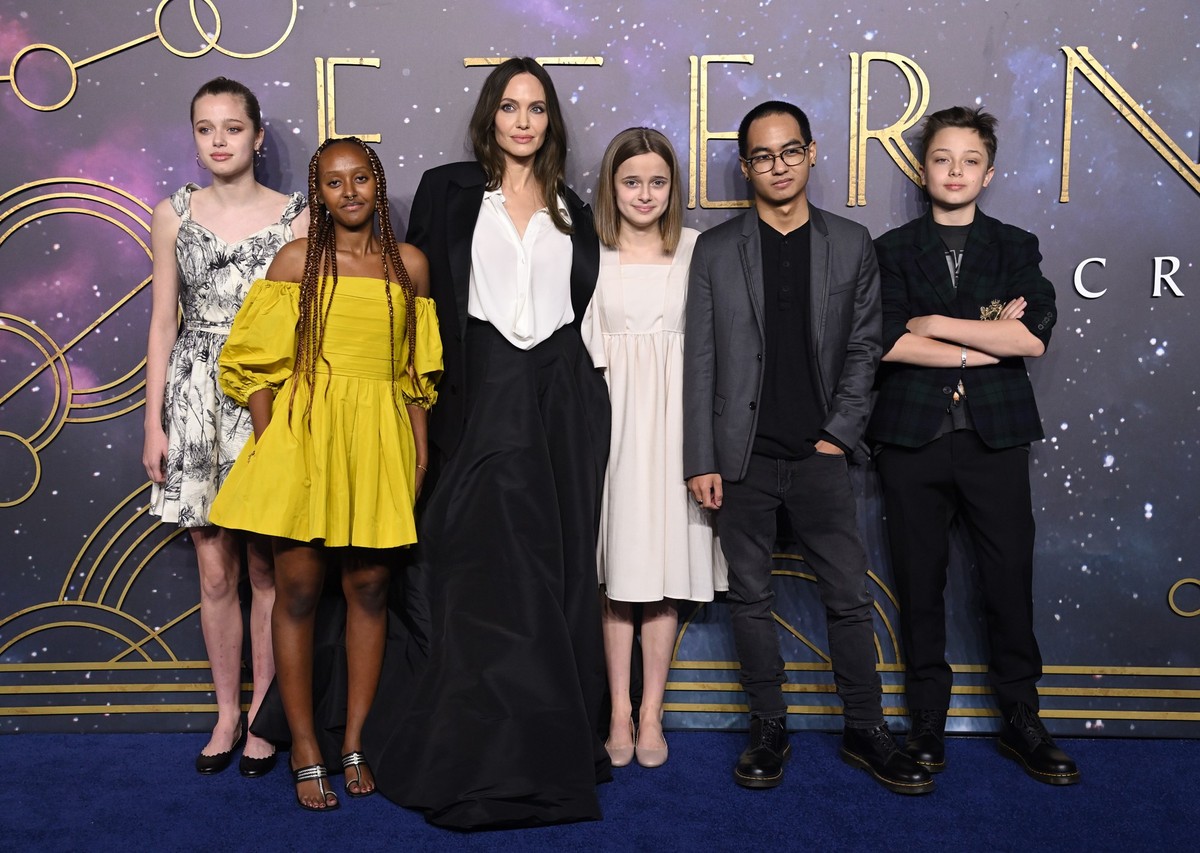 LONDON, ENGLAND - OCTOBER 27: (L-R) Shiloh Jolie-Pitt, Zahara Jolie-Pitt, Angelina Jolie, Vivienne Jolie-Pitt, Maddox Jolie-Pitt and Knox Jolie-Pitt attend the "The Eternals" UK Premiere at  ...