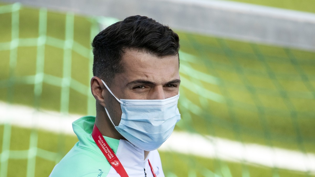 Switzerland's Granit Xhaka speaks to the media, during a press conference one day before the UEFA Nations League soccer match between Spain and Switzerland, at the Alfredo Di Stefano stadium in M ...