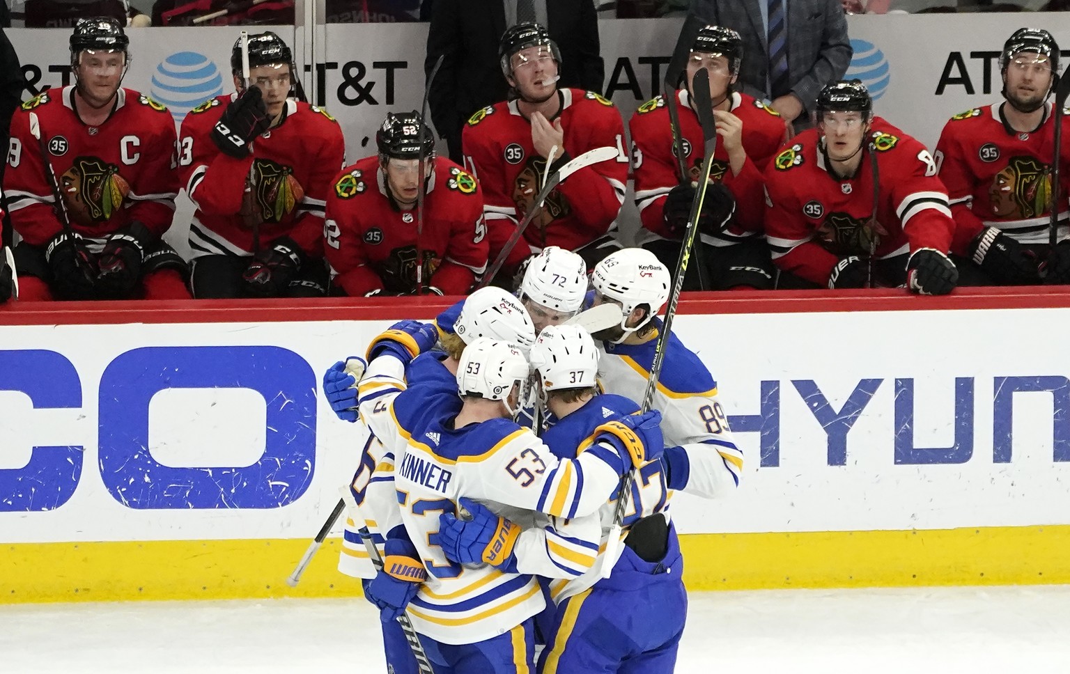 The Buffalo Sabres celebrate the team&#039;s sixth and deciding goal during the third period of an NHL hockey game against the Chicago Blackhawks Monday, March 28, 2022, in Chicago. The Sabres won 6-5 ...