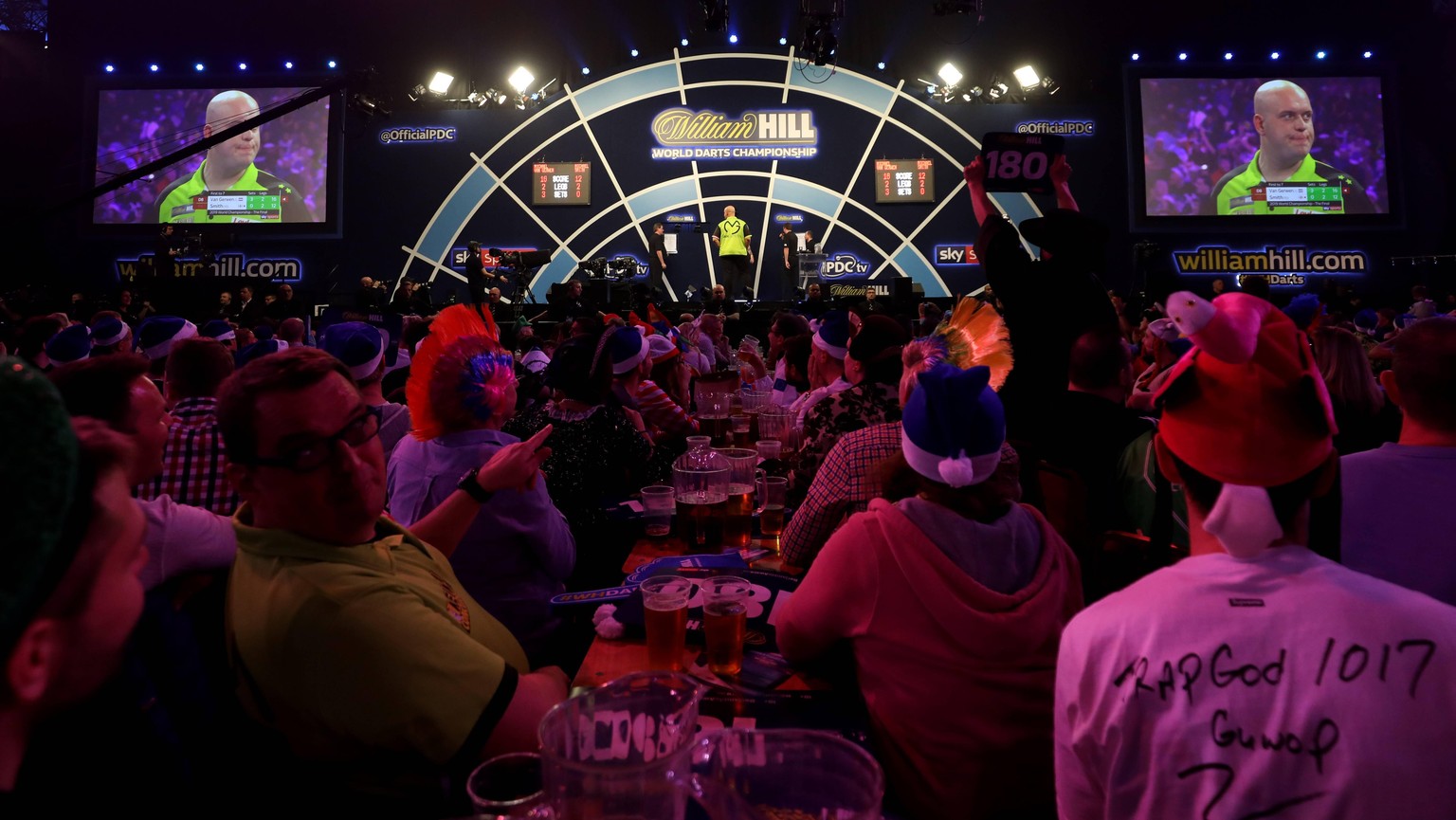 2018 William Hill World Darts Championship - Day Sixteen - Alexandra Palace General view of Michael Van Gerwen during day sixteen of the William Hill World Darts Championships at Alexandra Palace, Lon ...