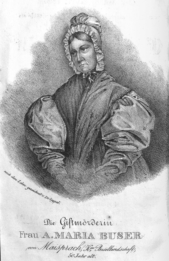 Darstellung von Anna Maria Buser in einer aktenbasierten Schilderung des Falles von J. Ulrich Walser mit dem Titel «Die Giftmörderin», 1840.
https://commons.wikimedia.org/w/index.php?title=File:Walser ...