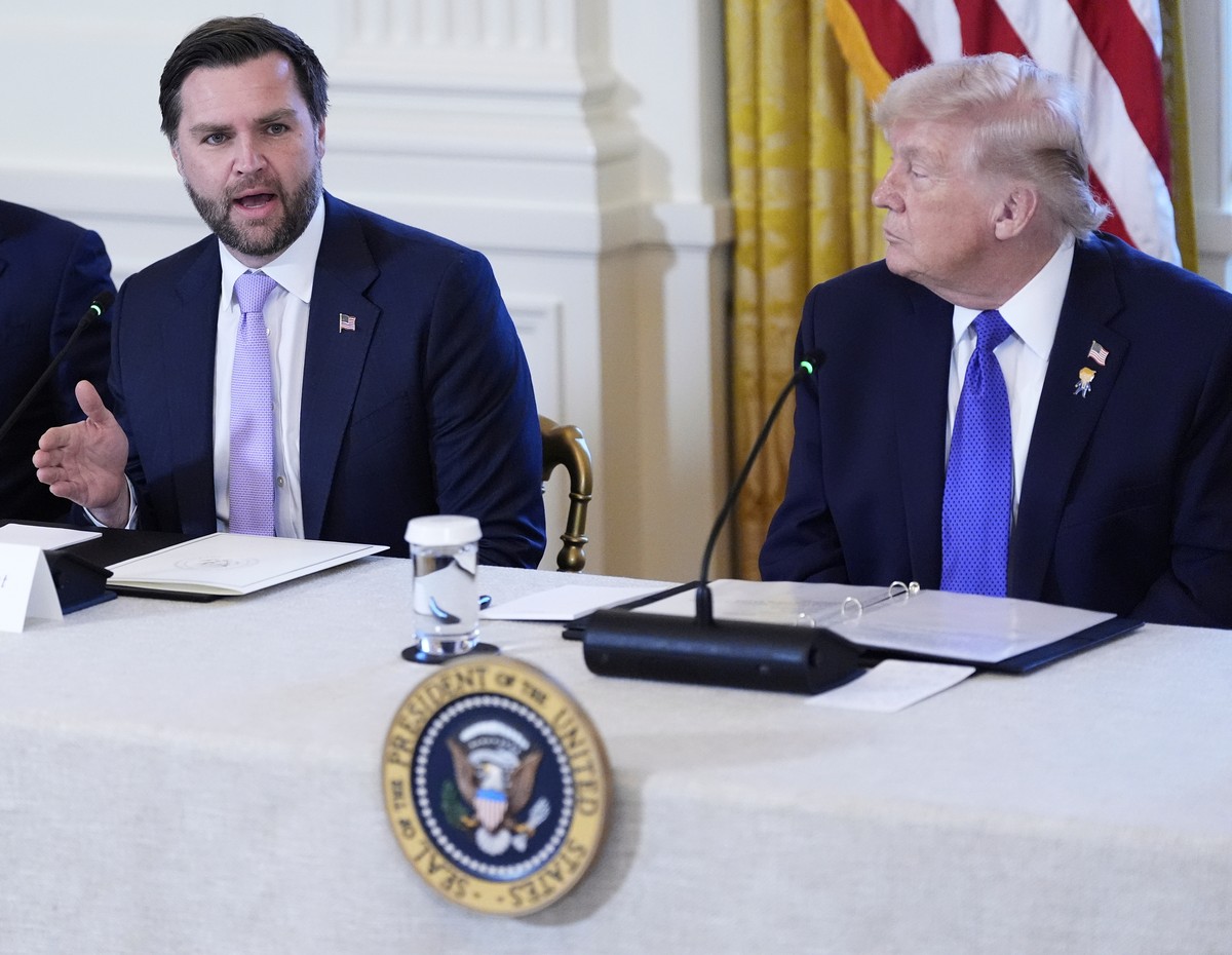 Vice President JD Vance speaks while Interior Secretary Doug Burgum, left, and President Donald Trump, right, listen during a meeting with oil executives in the East Room of the White House, Friday, J ...