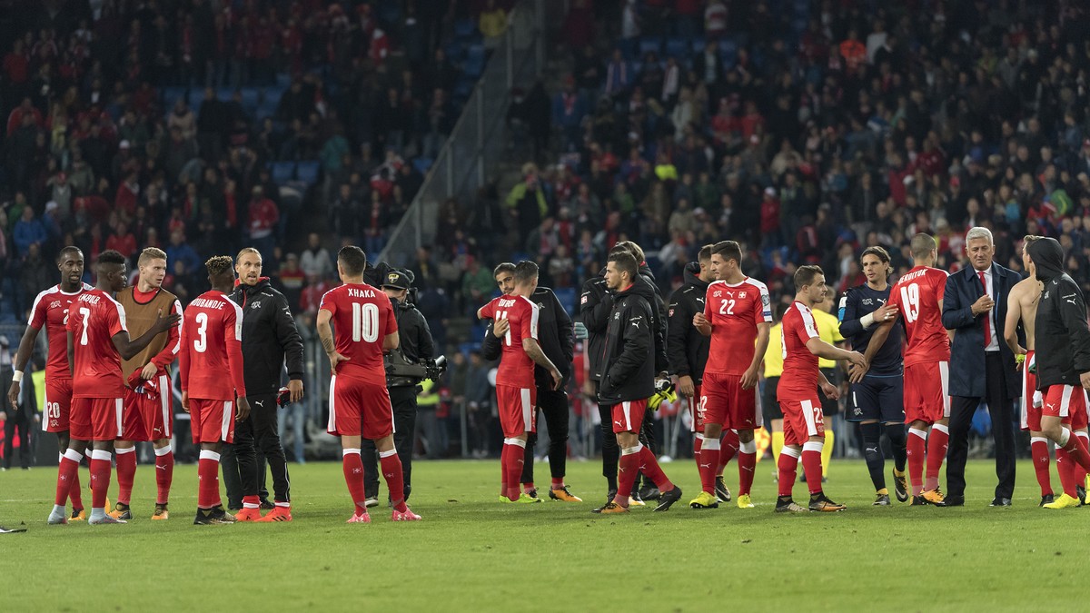 Switzerland's team after the 2018 Fifa World Cup Russia group B qualification soccer match between Switzerland and Hungary in the St. Jakob-Park stadium in Basel, Switzerland, on Saturday, Octobe ...