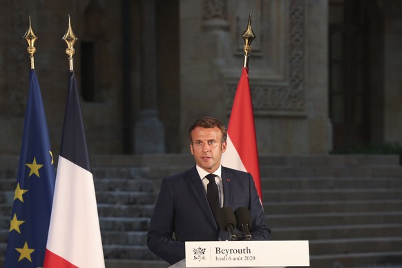 epa08588050 French President Emmanuel Macron delivers his speech during a press conference in Beirut, Lebanon, 06 August 2020. The blast, which killed more than 130 people, wounded thousands and left tens of thousands homeless, is believed to have been caused when a fire touched off a stockpile of 2,750 tons of highly explosive ammonium nitrate. French President Emmanuel Macron announced that France will organize a conference in the next few days with European, American, Middle Eastern and other donors to raise money for food, medicine, housing and other urgent aid.  EPA/THIBAULT CAMUS / POOL MAXPPP OUT