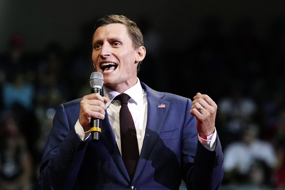 Blake Masters, who is running for the Republican nomination for U.S. Senate from Arizona, speaks on stage before President Donald Trump&#039;s speech at a Save America rally Friday, July 22, 2022, in  ...