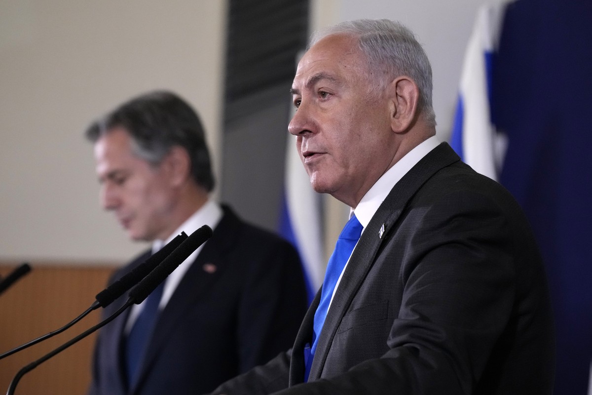 Israel's Prime Minister Benjamin Netanyahu make statements with the U.S. Secretary of State Antony Blinken to the media, inside The Kirya, which houses the Israeli Ministry of Defense, after thei ...