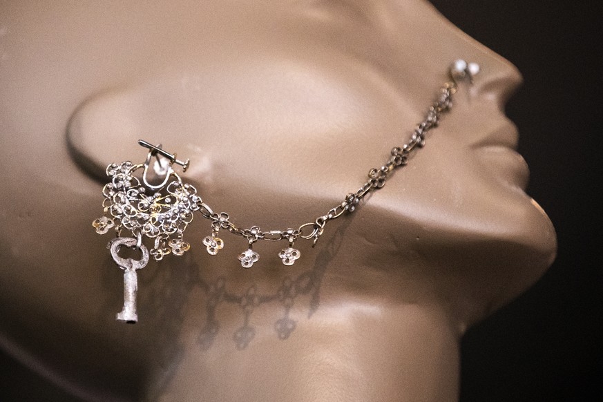 epa09190382 Janet Jackson's piece of jewelry is displayed during the preview of the auction 'Janet Jackson's Iconic Treasures' at Julien's auction in Beverly Hills, California ...
