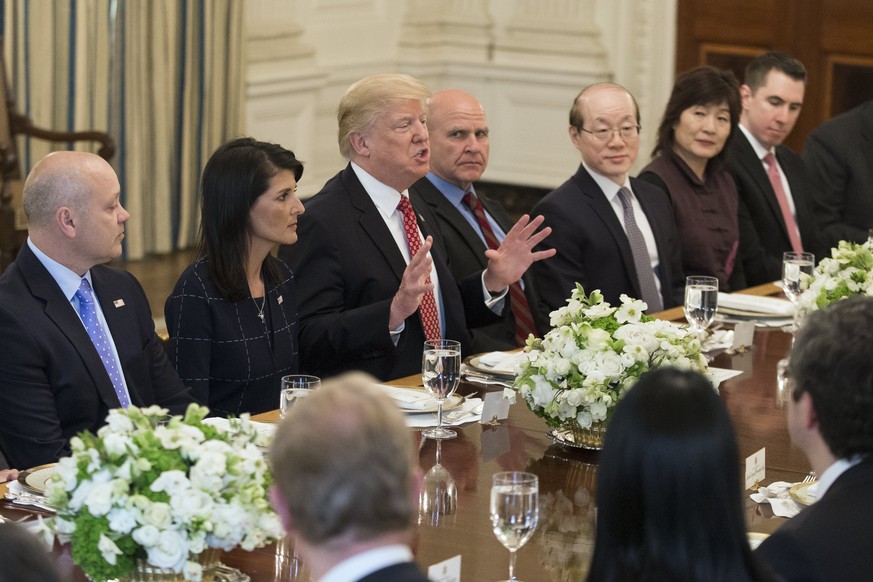 epa05925580 US President Donald J. Trump (3-L) speaks beside US Ambassador to the UN Nikki Haley (2-L) and Assistant to the President for National Security Affairs Lieutenant General H.R. McMaster (4- ...