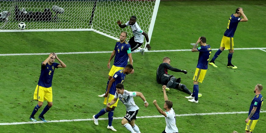 epa06834810 Players of Sweden react after conceding the winning goal during the FIFA World Cup 2018 group F preliminary round soccer match between Germany and Sweden in Sochi, Russia, 23 June 2018.

 ...