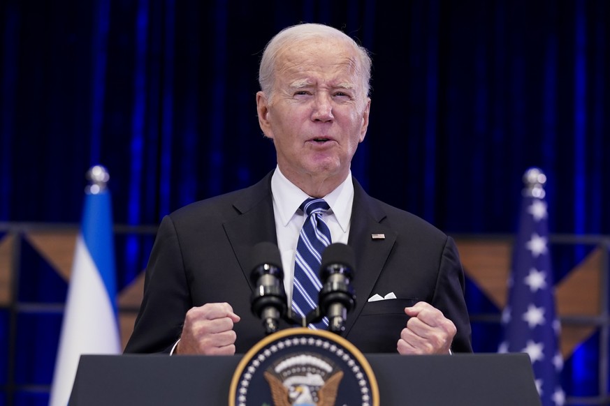 President Joe Biden delivers remarks on the war between Israel and Hamas after meeting Israeli Prime Minister Benjamin Netanyahu, Wednesday, Oct. 18, 2023, in Tel Aviv. (AP Photo/Evan Vucci)
Joe Biden