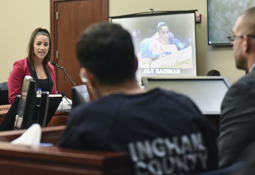Former Olympian Aly Raisman confronts Larry Nassar in Circuit Judge Rosemarie Aquilina&#039;s courtroom during the fourth day of a sentencing hearing for the former sports doctor, who pled guilty to m ...