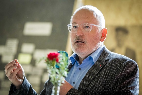 epa07534540 European Commissioner Frans Timmermans speaks during the campaign for the European elections in his hometown Heerlen, the Netherlands, 28 April 2019. The European Parliament elections are  ...