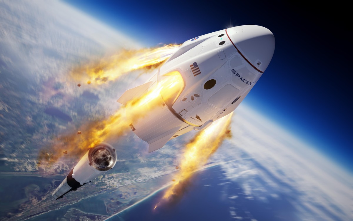 This illustration made available by SpaceX depicts the company's Crew Dragon capsule and Falcon 9 rocket during the uncrewed In-Flight Abort Test for NASA's Commercial Crew Program. (SpaceX  ...